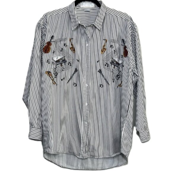 Casey Coleman Embroidered Music Instrument Shirt | Artsy Striped Button-Down Wom - Picture 2 of 8
